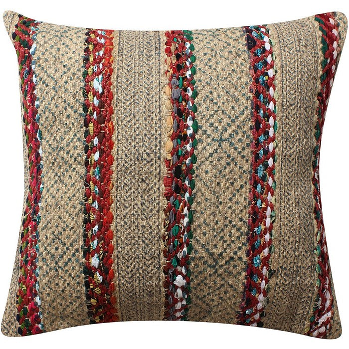 20 x 20 Inches Handwoven Jute Accent Pillow with Block Print, Brown and Red