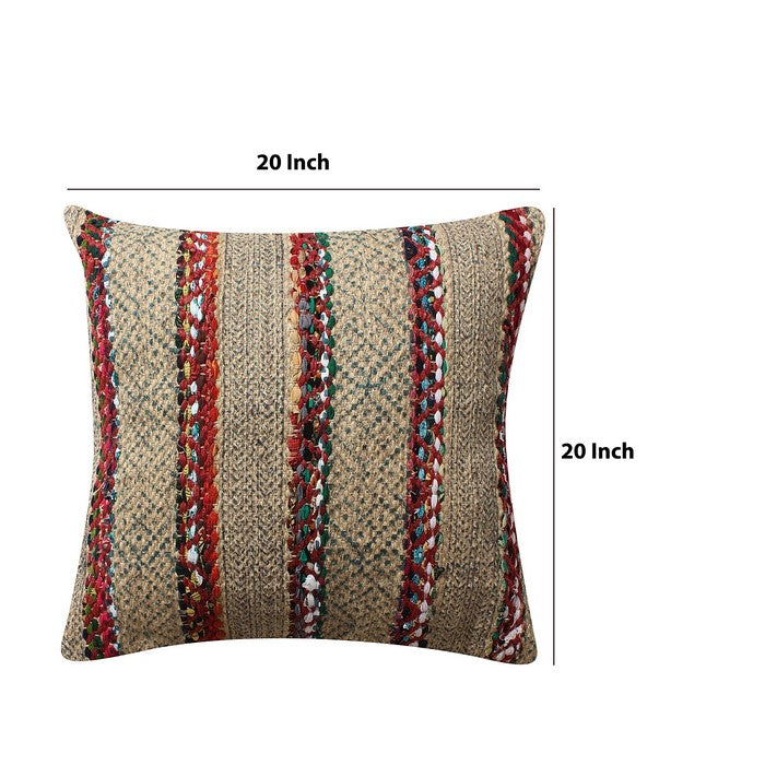 20 x 20 Inches Handwoven Jute Accent Pillow with Block Print, Brown and Red