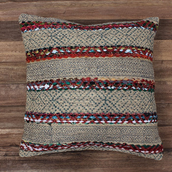20 x 20 Inches Handwoven Jute Accent Pillow with Block Print, Brown and Red