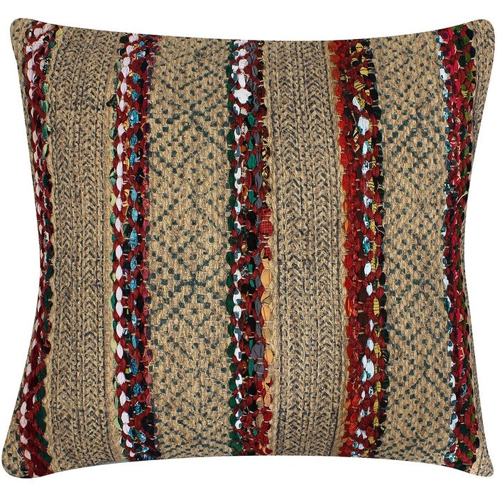 20 x 20 Inches Handwoven Jute Accent Pillow with Block Print, Brown and Red