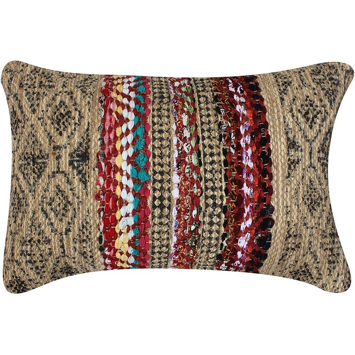 24 x 16 Inches Handwoven Jute Accent Pillow with Block Print, Brown and Red