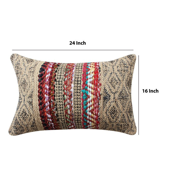 24 x 16 Inches Handwoven Jute Accent Pillow with Block Print, Brown and Red
