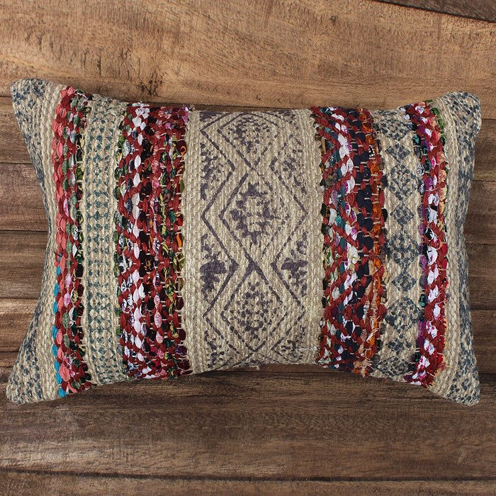 24 x 16 Inches Handwoven Jute Accent Pillow with Block Print, Brown and Red