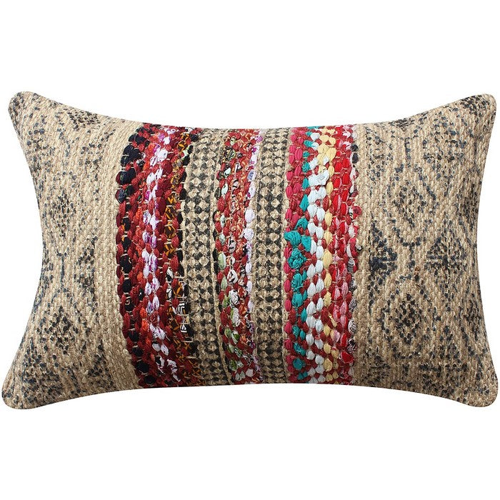24 x 16 Inches Handwoven Jute Accent Pillow with Block Print, Brown and Red