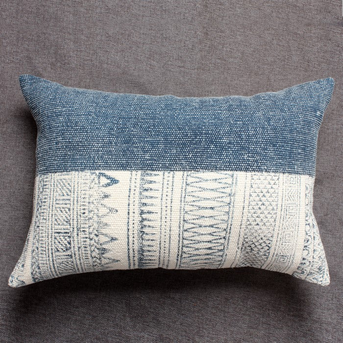 24 x 16 Handwoven Cotton Accent Pillow with Block Print, Gray and White