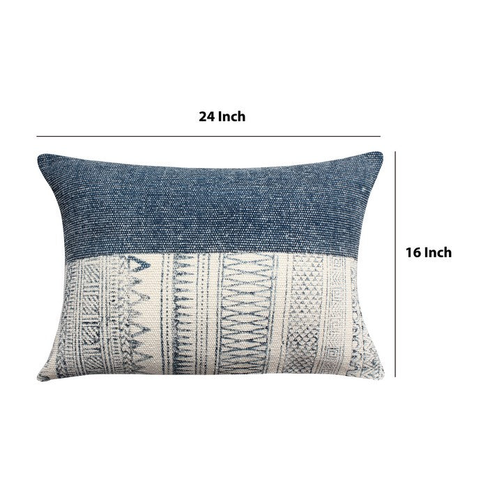 24 x 16 Handwoven Cotton Accent Pillow with Block Print, Gray and White
