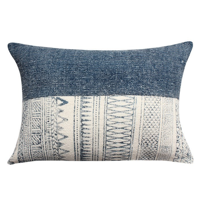 24 x 16 Handwoven Cotton Accent Pillow with Block Print, Gray and White