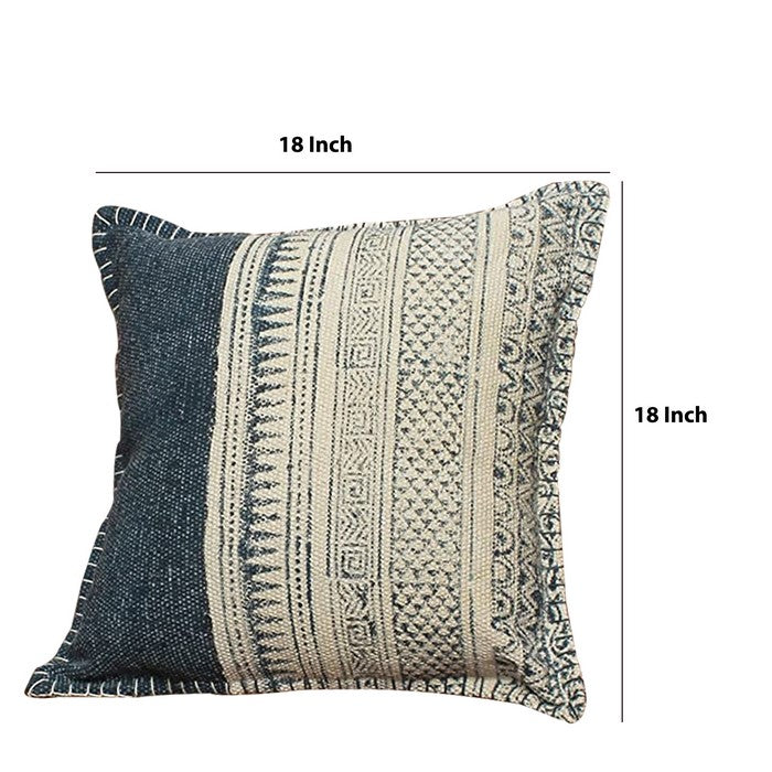 18 x 18 Handwoven Cotton Accent Pillow with Block Print, Gray and White