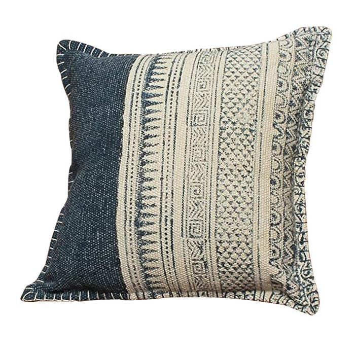 18 x 18 Handwoven Cotton Accent Pillow with Block Print, Gray and White