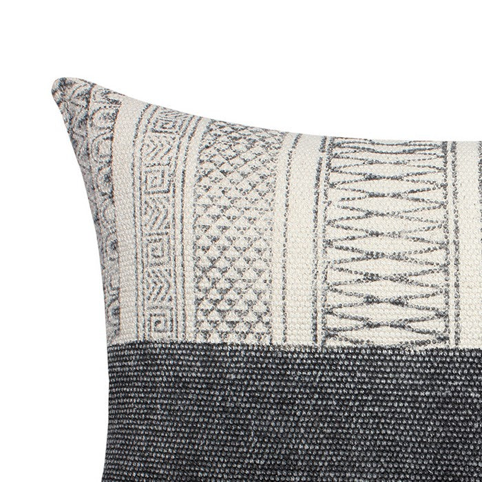 24 x 16 Inches Block Printed Handwoven Cotton Accent Pillow, Gray and White