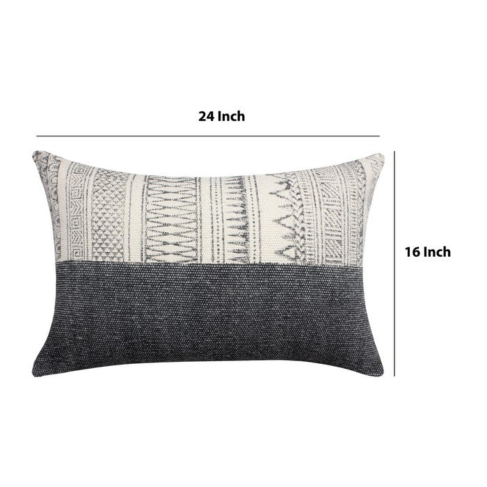 24 x 16 Inches Block Printed Handwoven Cotton Accent Pillow, Gray and White