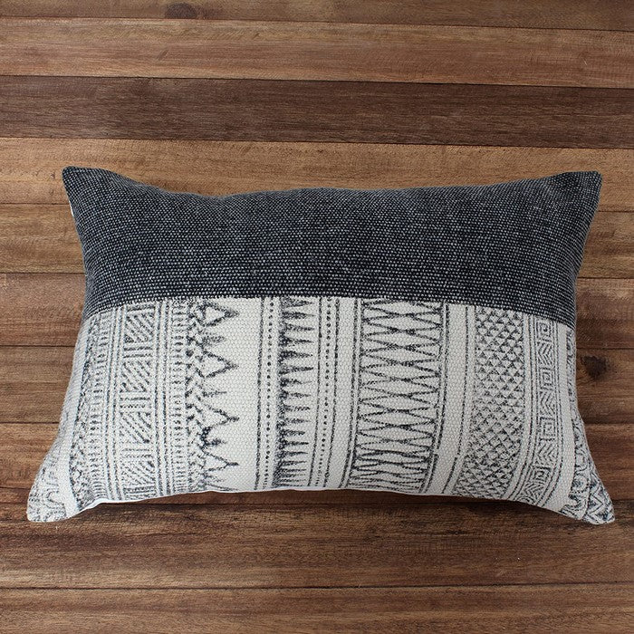 24 x 16 Inches Block Printed Handwoven Cotton Accent Pillow, Gray and White