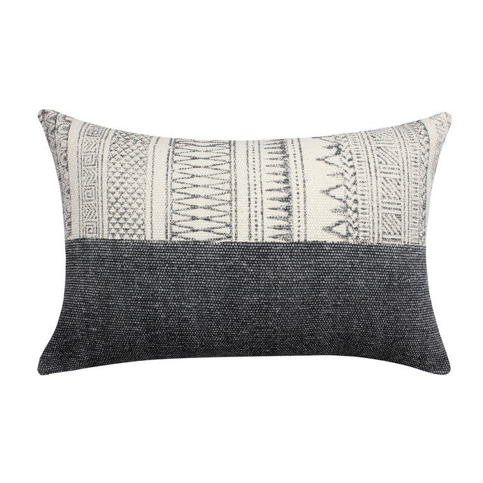 24 x 16 Inches Block Printed Handwoven Cotton Accent Pillow, Gray and White