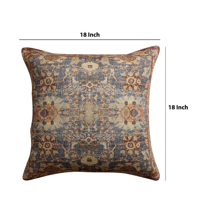 18 x 18 Handwoven Cotton Accent Pillow with Floral Print, Blue and Brown