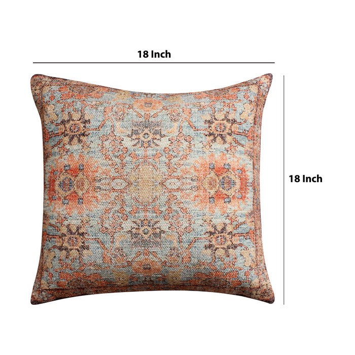 18 x 18 Handwoven Cotton Accent Pillow with Floral Print, Orange and Brown