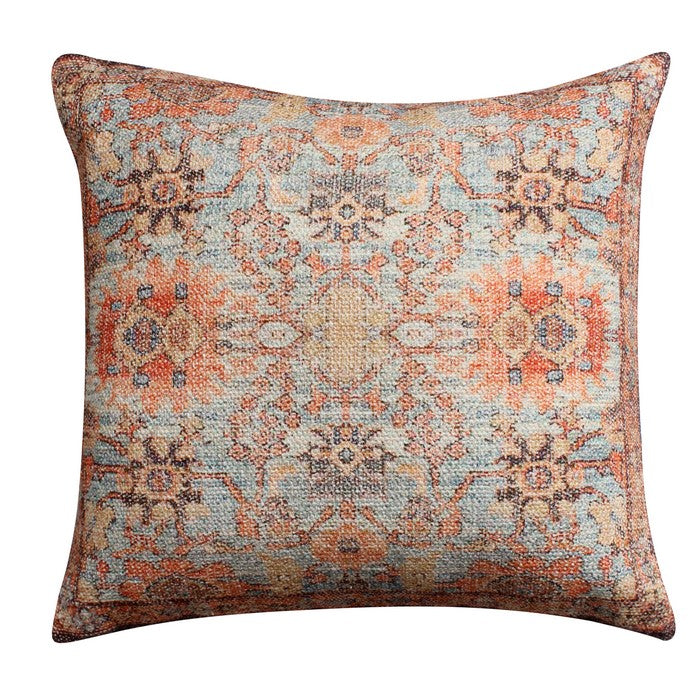 18 x 18 Handwoven Cotton Accent Pillow with Floral Print, Orange and Brown