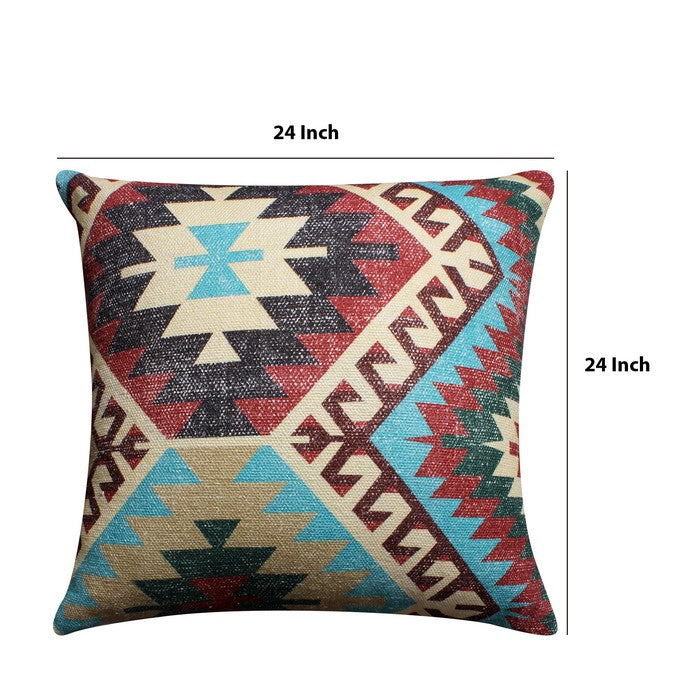 24 x 24 Inches Handwoven Cotton Accent Pillow with Kilim Print, Multicolor