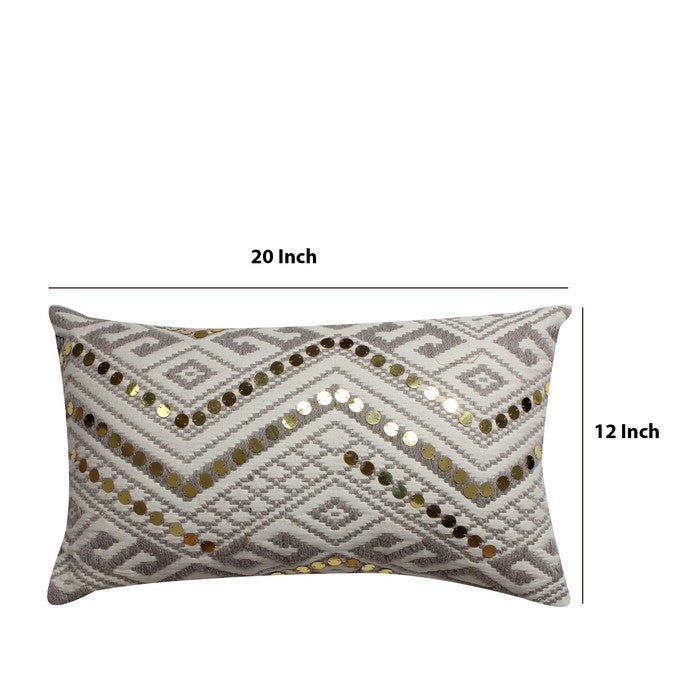 20 x 12 Sequin Embellished Handwoven Cotton Accent Pillow, White and Gray