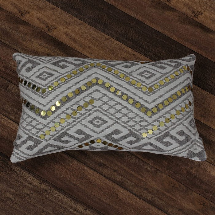 20 x 12 Sequin Embellished Handwoven Cotton Accent Pillow, White and Gray