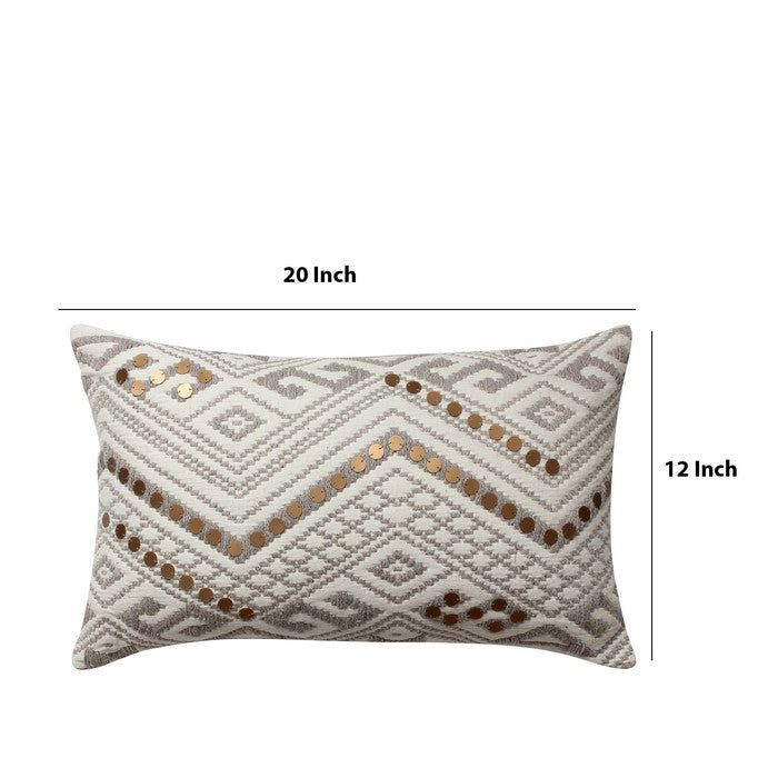 20 x 12 Inches Embellished Handwoven Cotton Accent Pillow, White and Gray