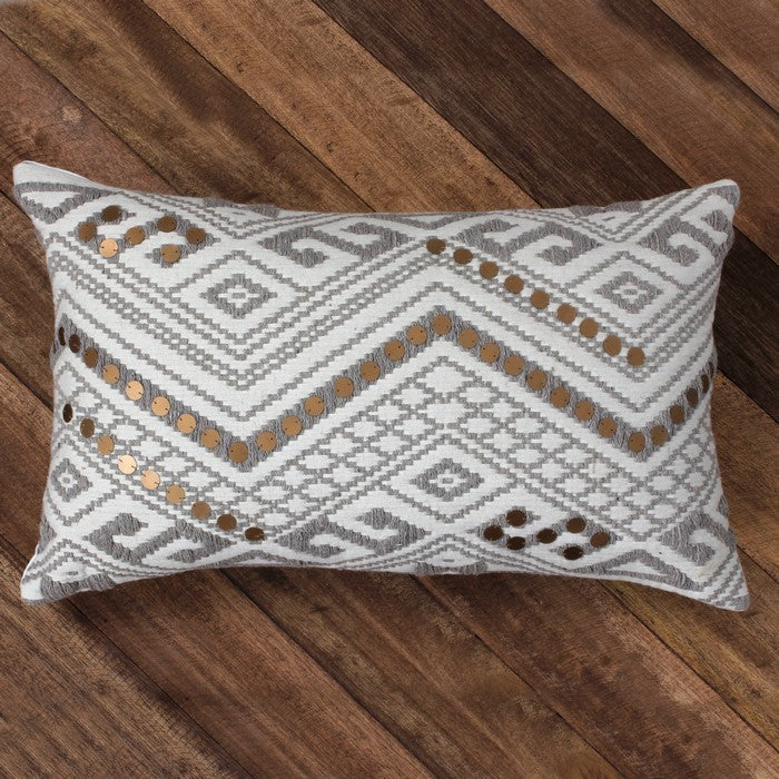 20 x 12 Inches Embellished Handwoven Cotton Accent Pillow, White and Gray
