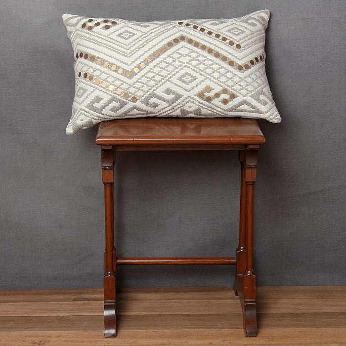 20 x 12 Inches Embellished Handwoven Cotton Accent Pillow, White and Gray