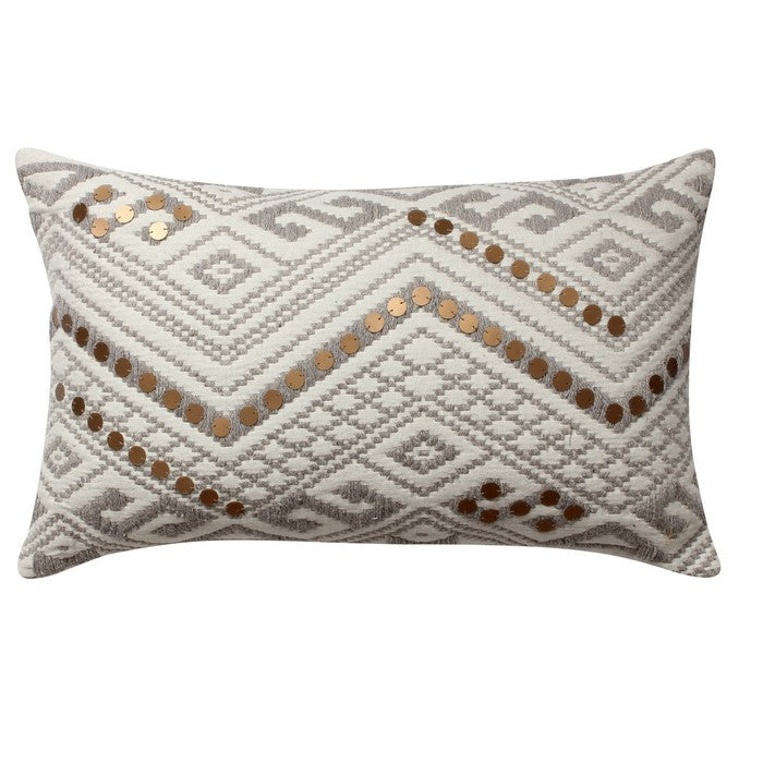 20 x 12 Inches Embellished Handwoven Cotton Accent Pillow, White and Gray
