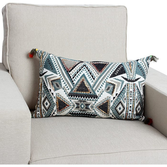 20 x 12 Handwoven Cotton Accent Pillow with Abstract Print, White and Blue