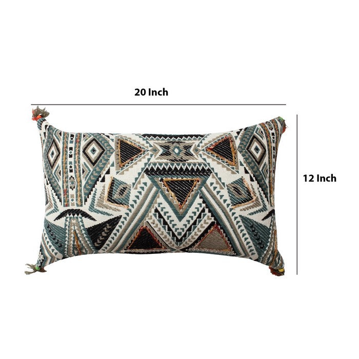 20 x 12 Handwoven Cotton Accent Pillow with Abstract Print, White and Blue