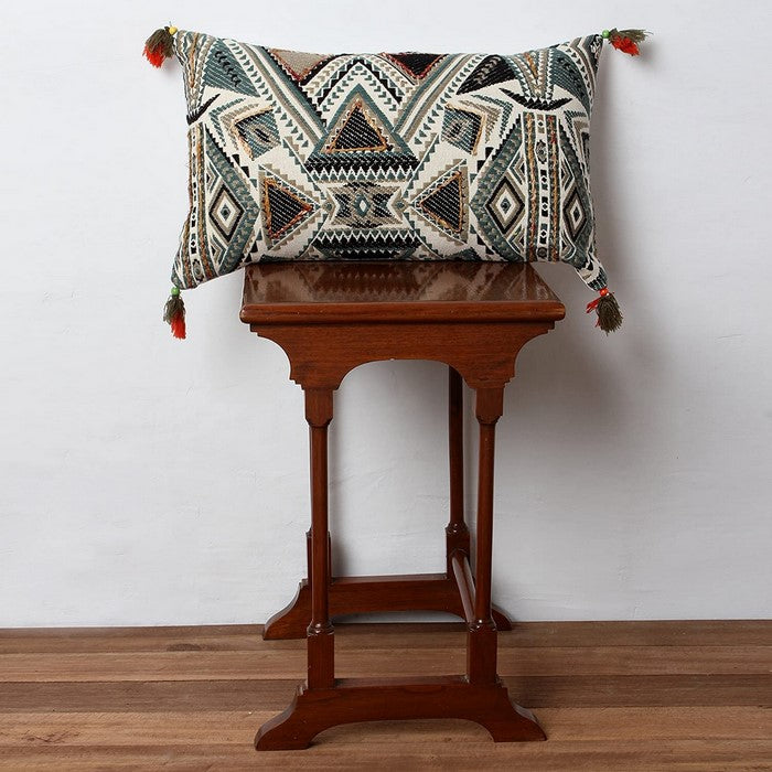 20 x 12 Handwoven Cotton Accent Pillow with Abstract Print, White and Blue