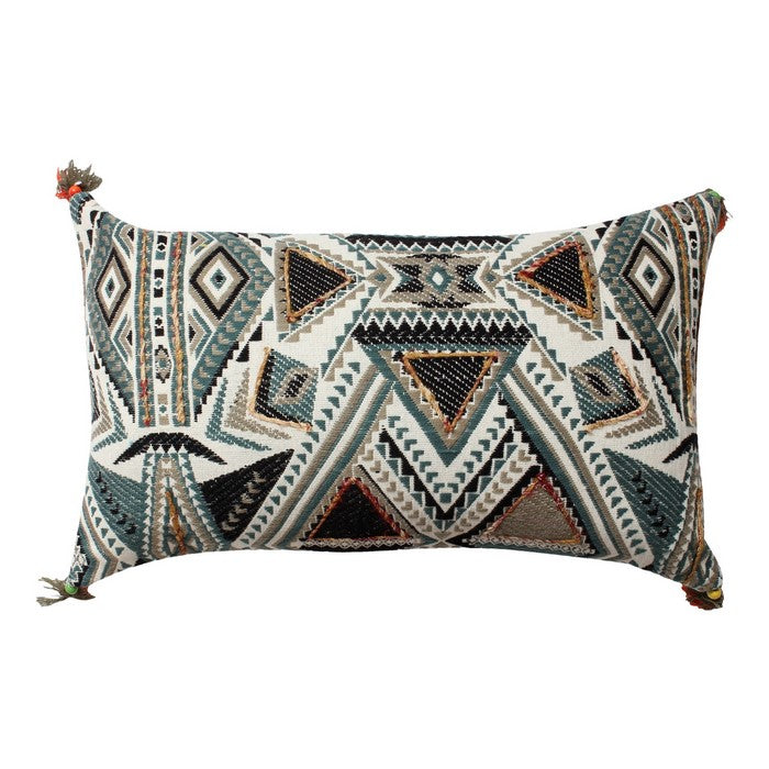 20 x 12 Handwoven Cotton Accent Pillow with Abstract Print, White and Blue