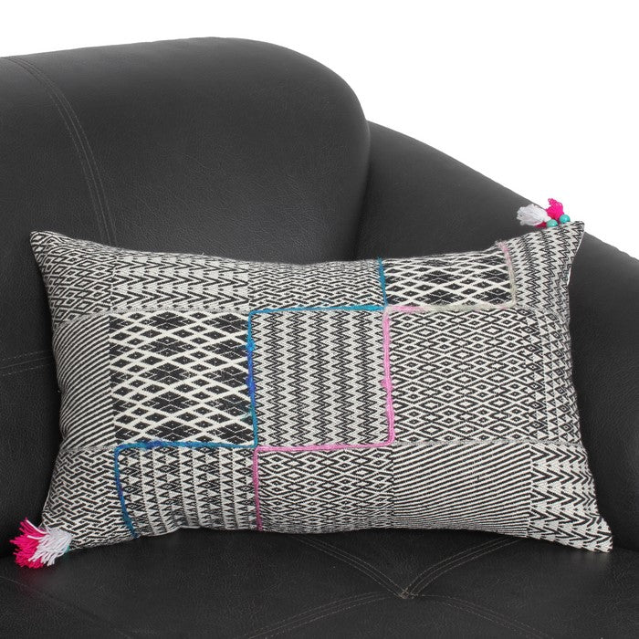 20 x 12 Handwoven Cotton Accent Pillow with Jacquard Print, Black and Gray