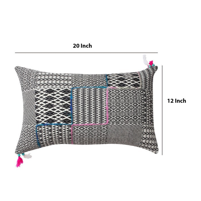 20 x 12 Handwoven Cotton Accent Pillow with Jacquard Print, Black and Gray