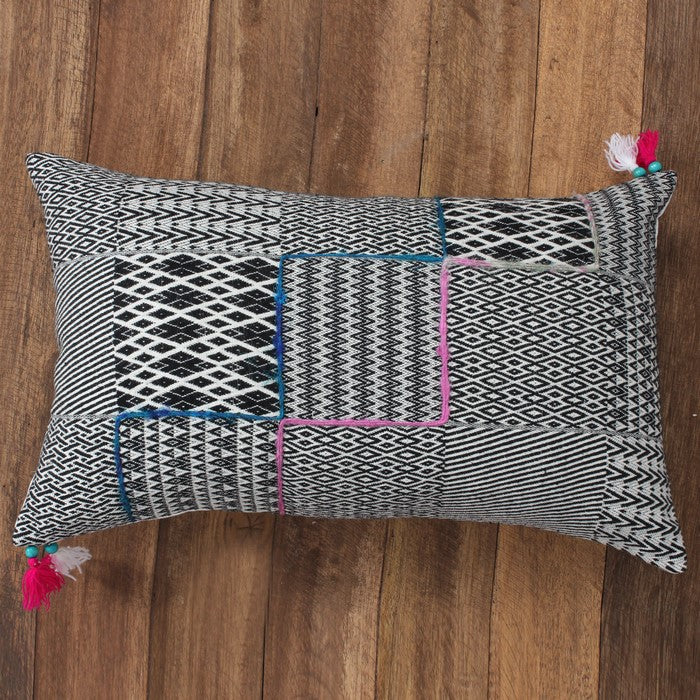20 x 12 Handwoven Cotton Accent Pillow with Jacquard Print, Black and Gray