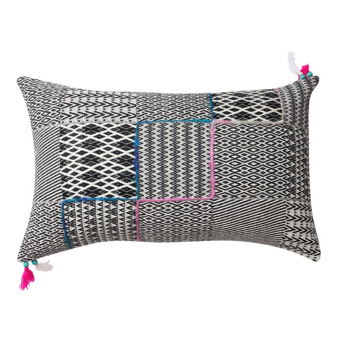 20 x 12 Handwoven Cotton Accent Pillow with Jacquard Print, Black and Gray