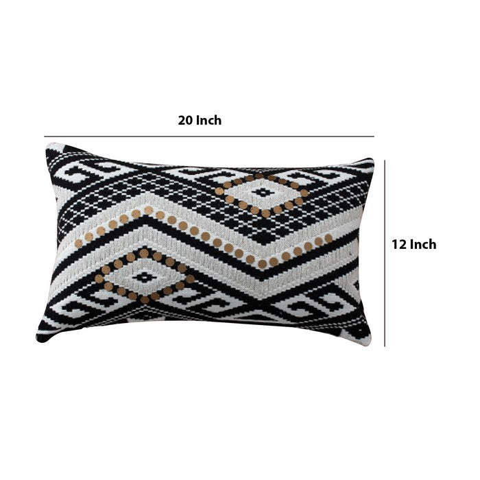 20 x 12 Sequin Embellished Handwoven Cotton Accent Pillow, White and Black