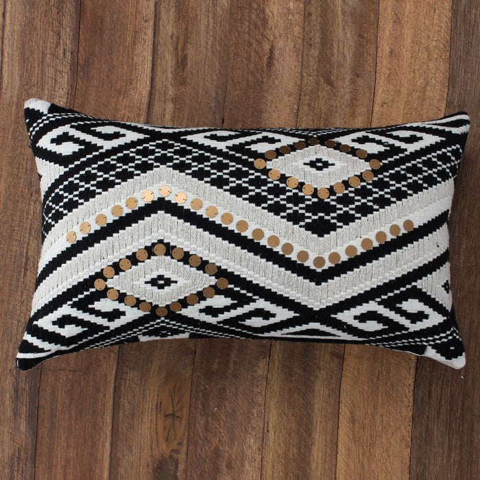 20 x 12 Sequin Embellished Handwoven Cotton Accent Pillow, White and Black