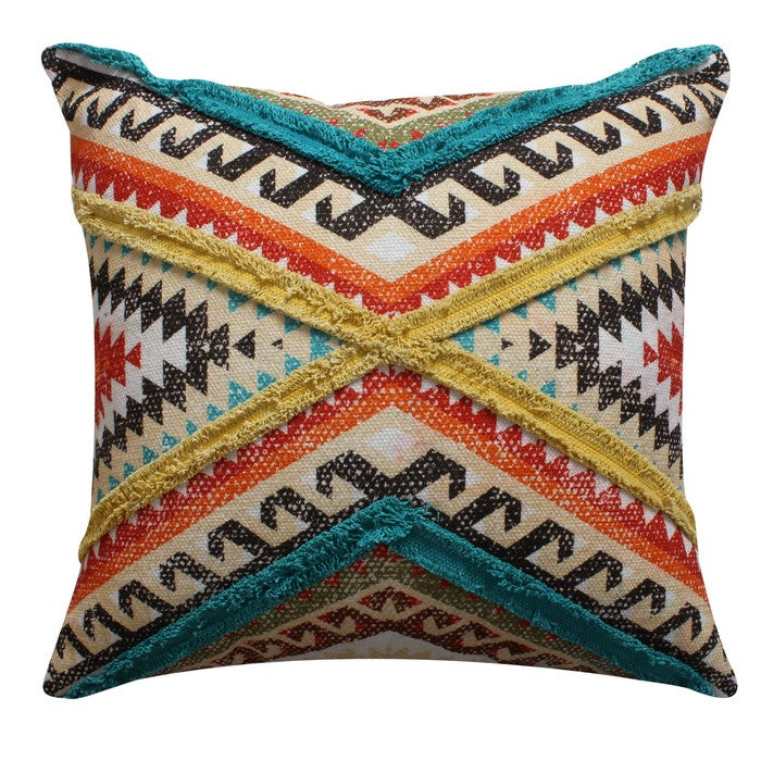24 x 24 Handwoven Cotton Accent Pillow with Lace Embellishment, Multicolor