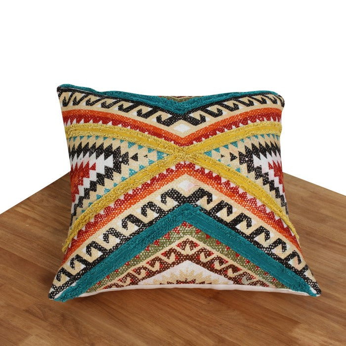 24 x 24 Handwoven Cotton Accent Pillow with Lace Embellishment, Multicolor