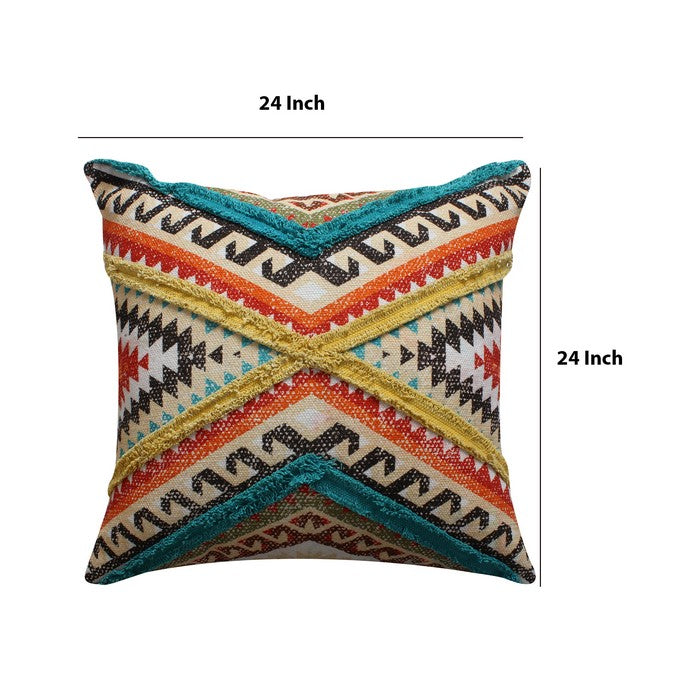 24 x 24 Handwoven Cotton Accent Pillow with Lace Embellishment, Multicolor