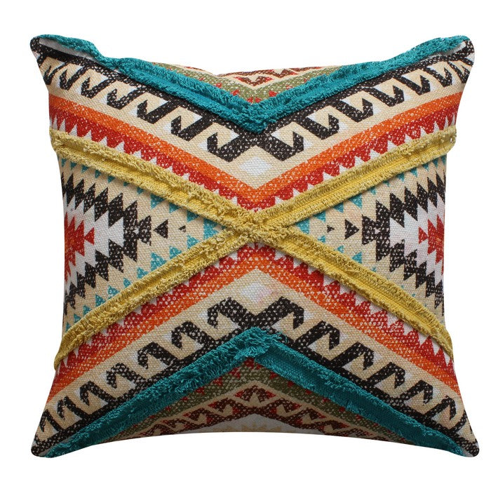 24 x 24 Handwoven Cotton Accent Pillow with Lace Embellishment, Multicolor