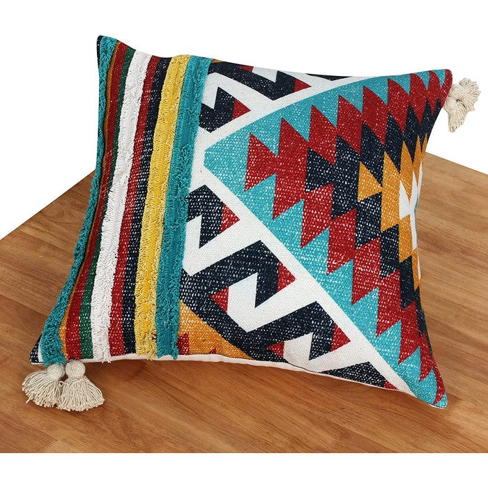 24 x 24 Handwoven Cotton Accent Pillow with Kilim Print, Multicolor