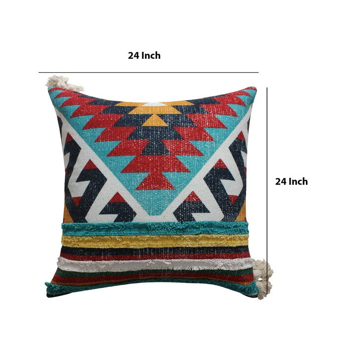 24 x 24 Handwoven Cotton Accent Pillow with Kilim Print, Multicolor