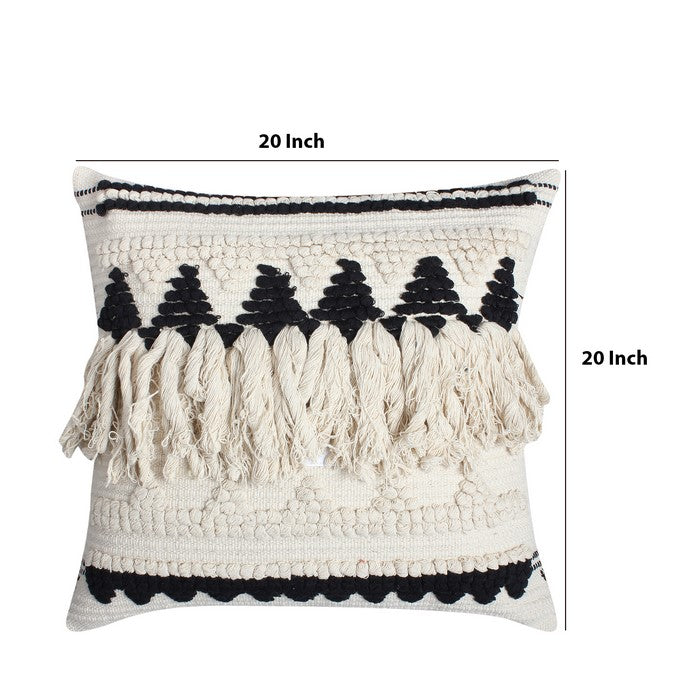 20 x 20 Handwoven Cotton Accent Pillow with Fringe Details, White and Black