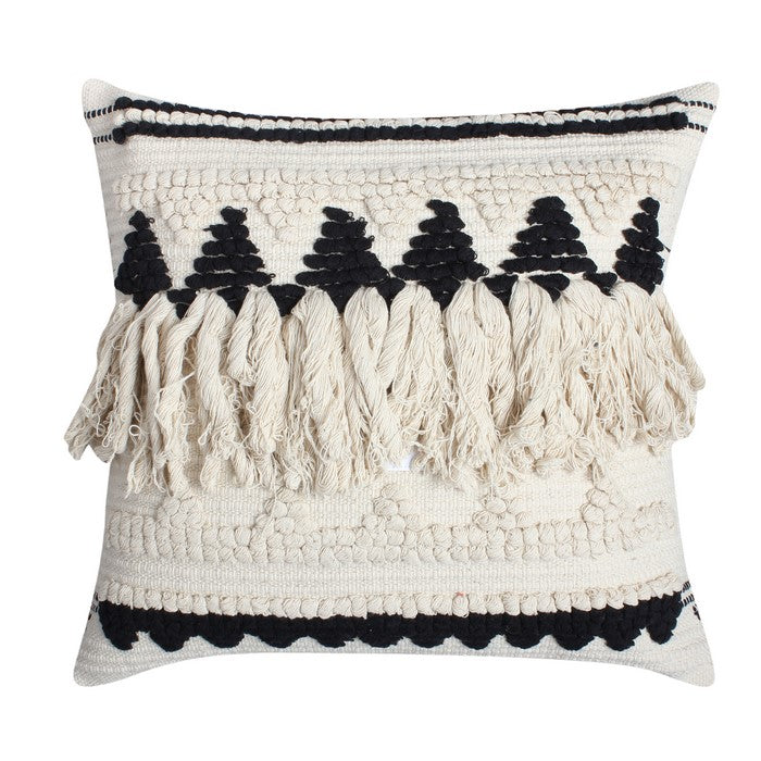 20 x 20 Handwoven Cotton Accent Pillow with Fringe Details, White and Black