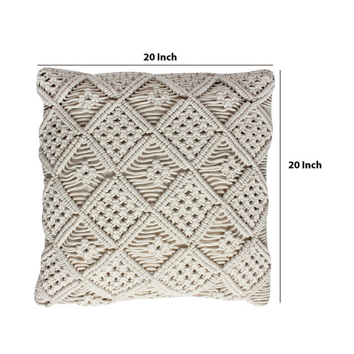 20 x 20 Inches Handwoven Macrame Cotton Accent Pillow, Off White