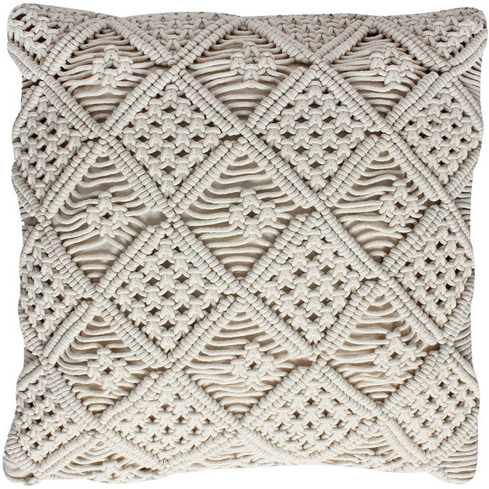 20 x 20 Inches Handwoven Macrame Cotton Accent Pillow, Off White