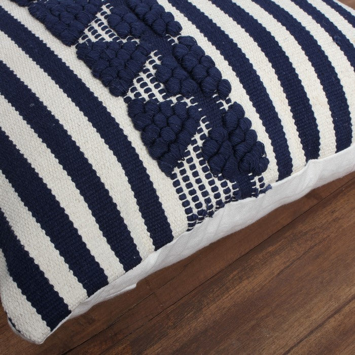 18 x 18 Textured Cotton Accent Pillow with Stripe Print, White and Blue