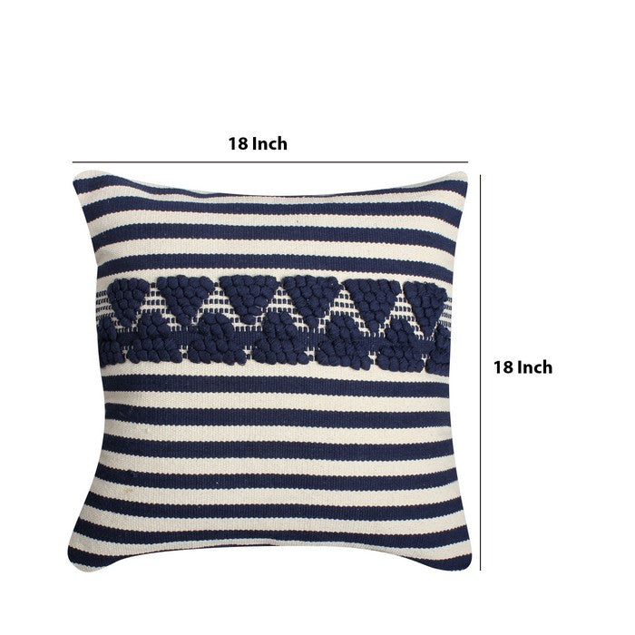 18 x 18 Textured Cotton Accent Pillow with Stripe Print, White and Blue
