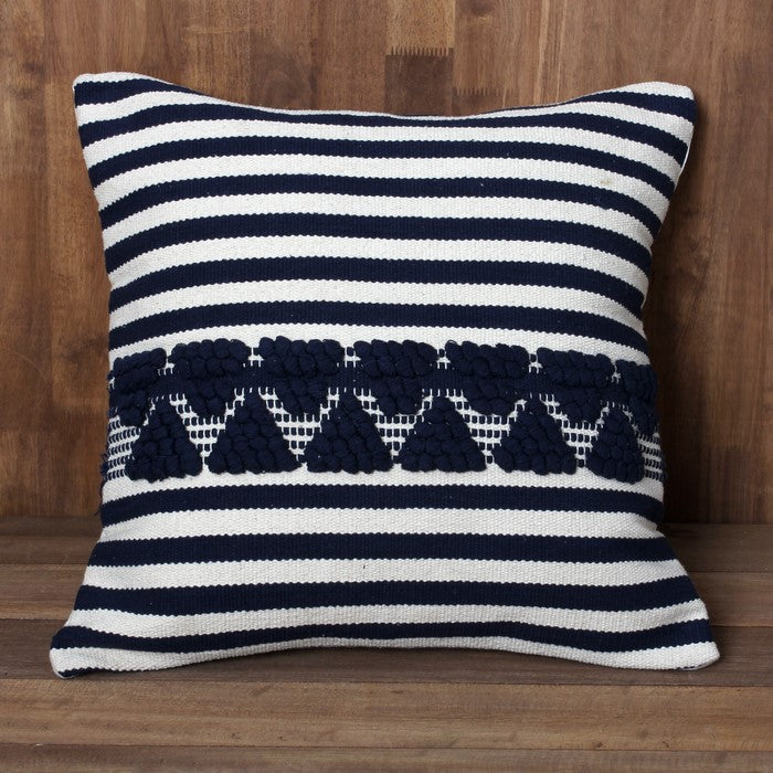 18 x 18 Textured Cotton Accent Pillow with Stripe Print, White and Blue